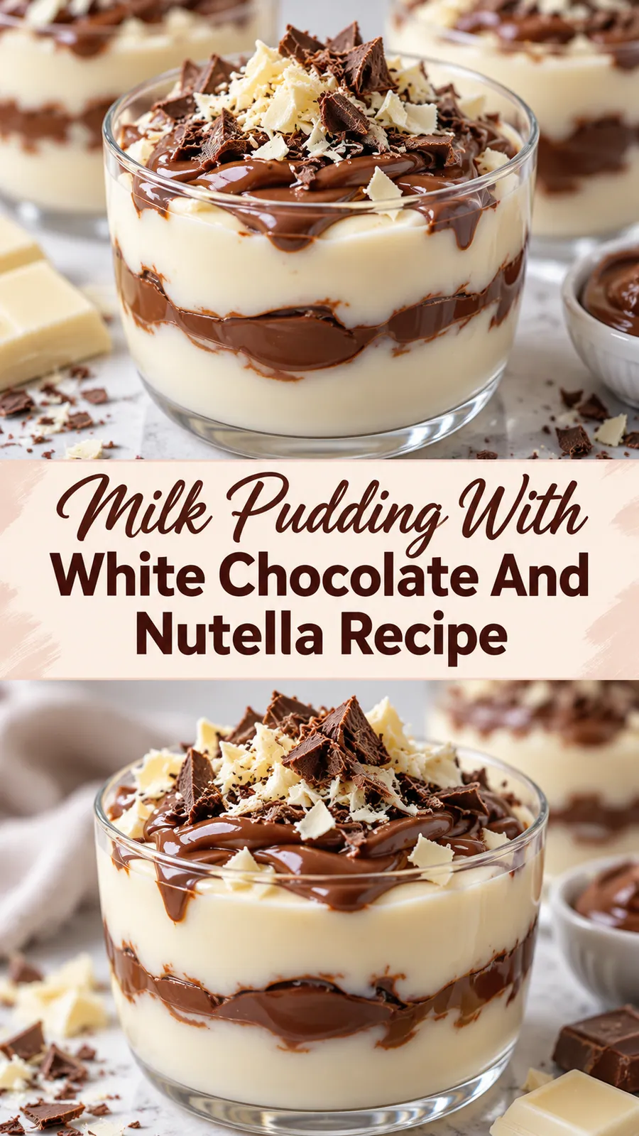 Pinterest image for Milk Pudding With White Chocolate And Nutella Recipe, with two photos of the recipe