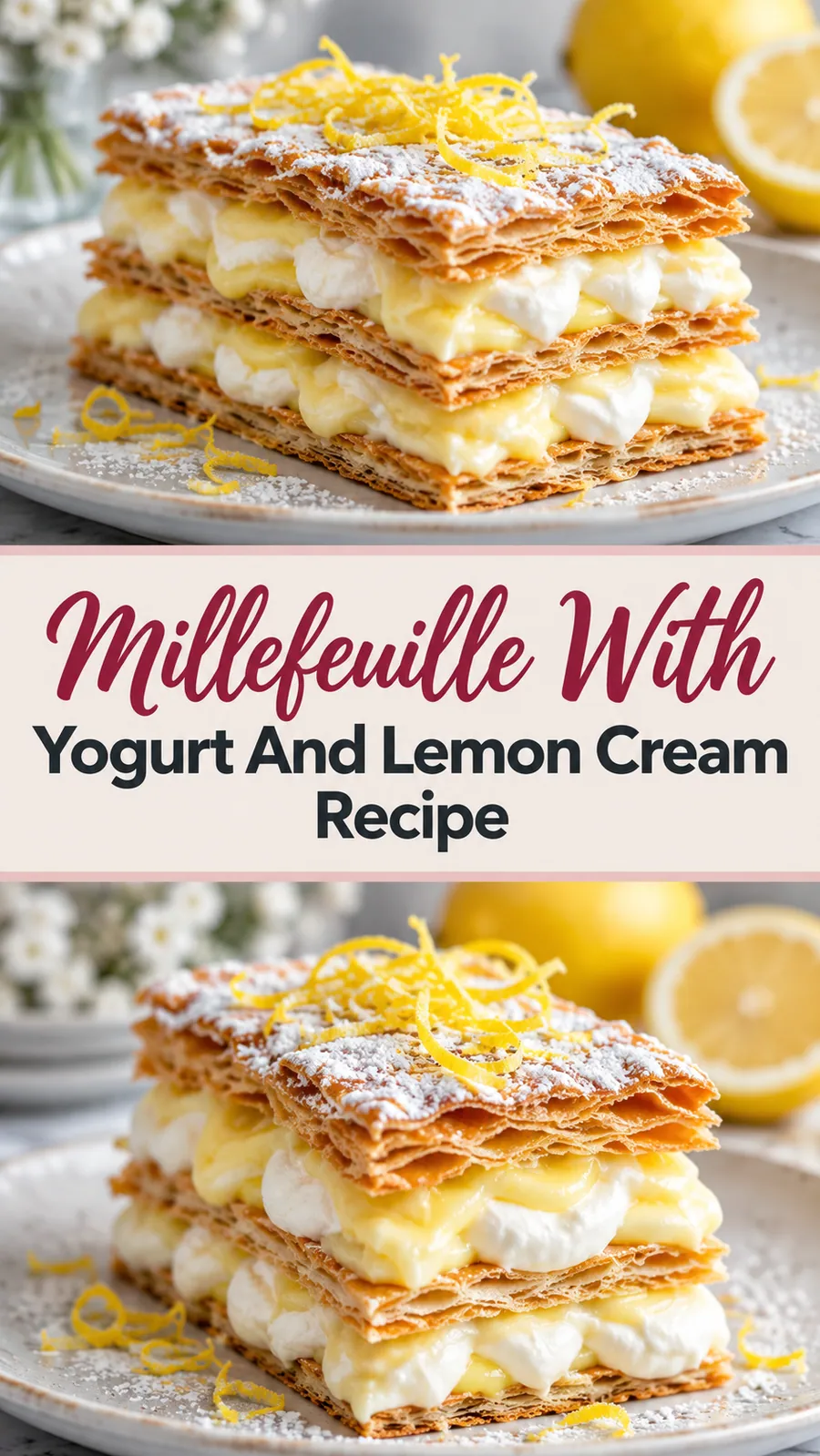 Pinterest image for Millefeuille With Yogurt And Lemon Cream Recipe, with two photos of the recipe