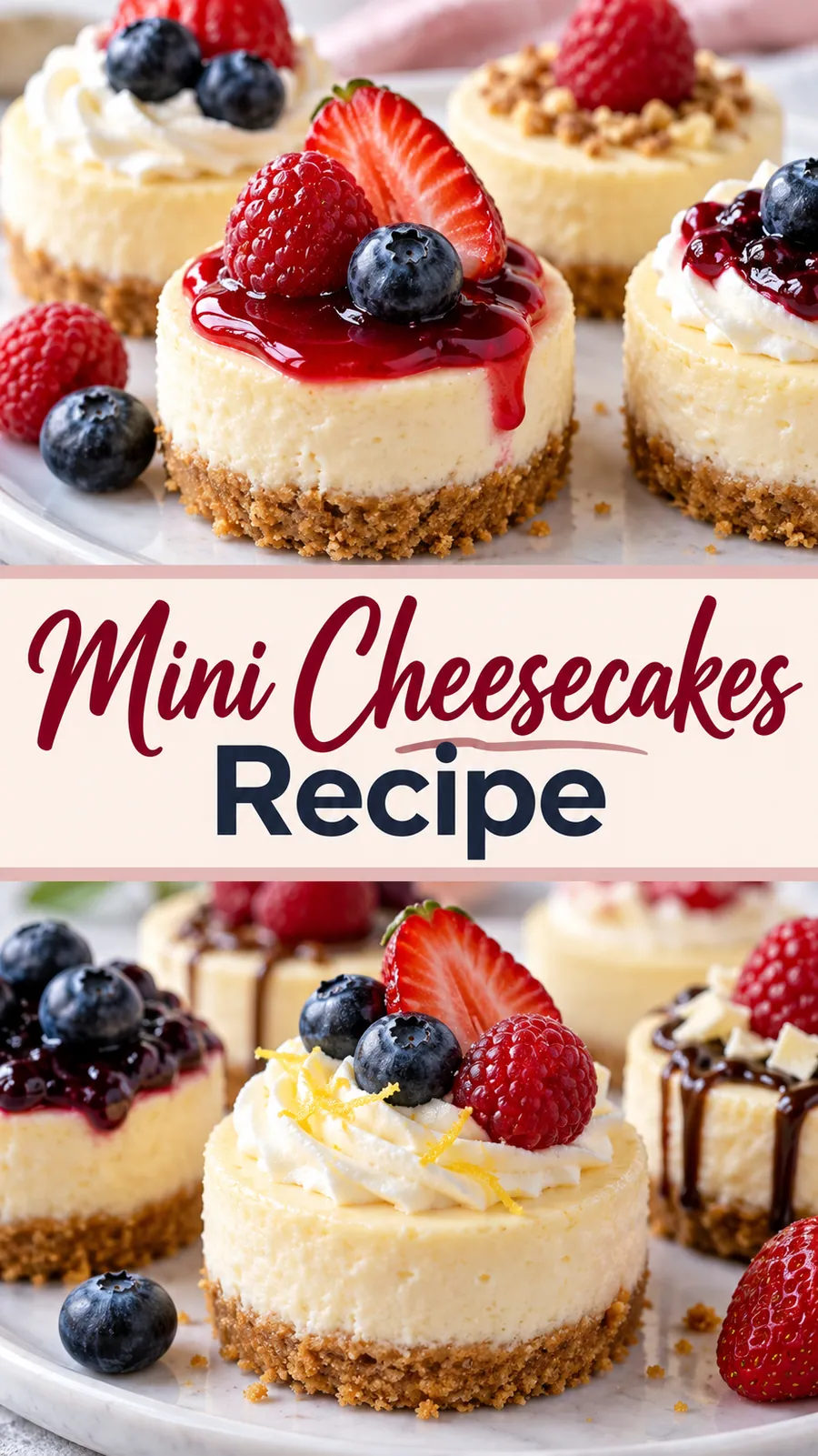 Pinterest image for Mini Cheesecakes Recipe, with two photos of the recipe