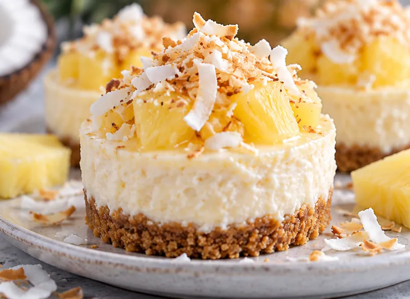 Mini Cheesecakes with Pineapple and Coconut Milk, ready to serve