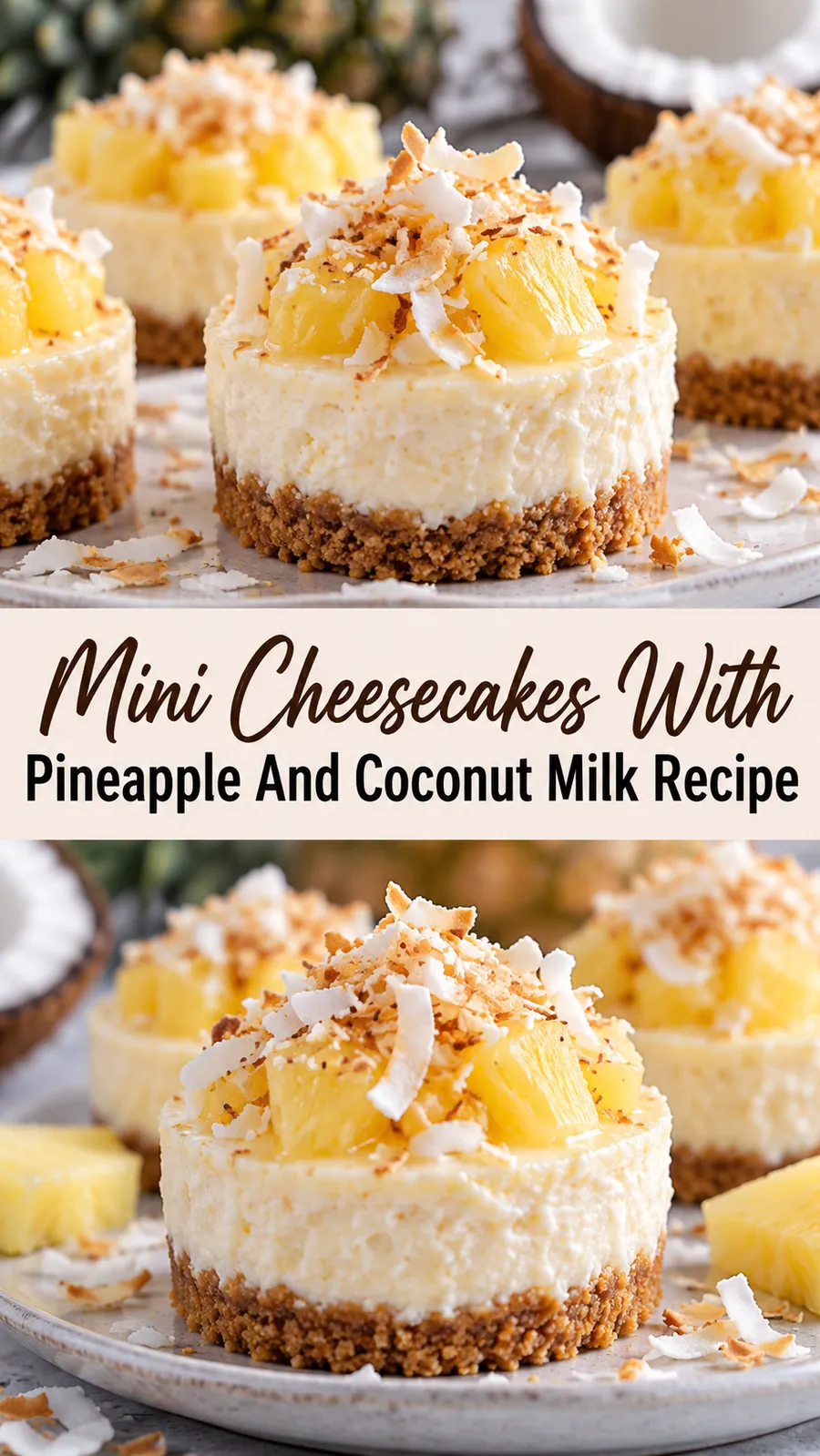 Pinterest image for Mini Cheesecakes With Pineapple And Coconut Milk Recipe, with two photos of the recipe