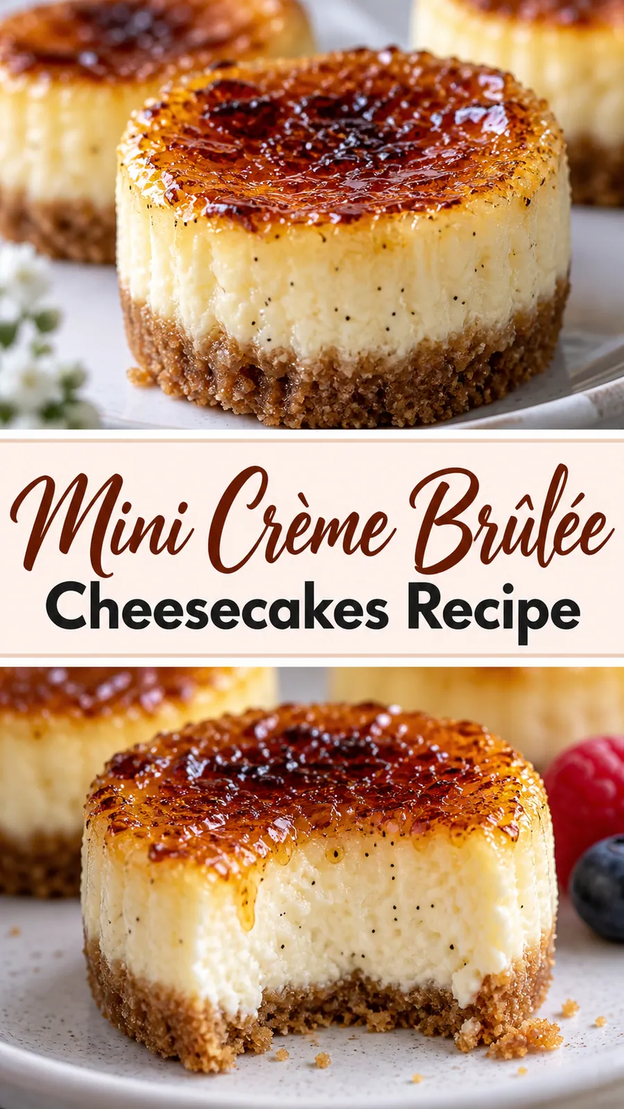 Pinterest image for Mini Crème Brûlée Cheesecakes Recipe, with two photos of the recipe