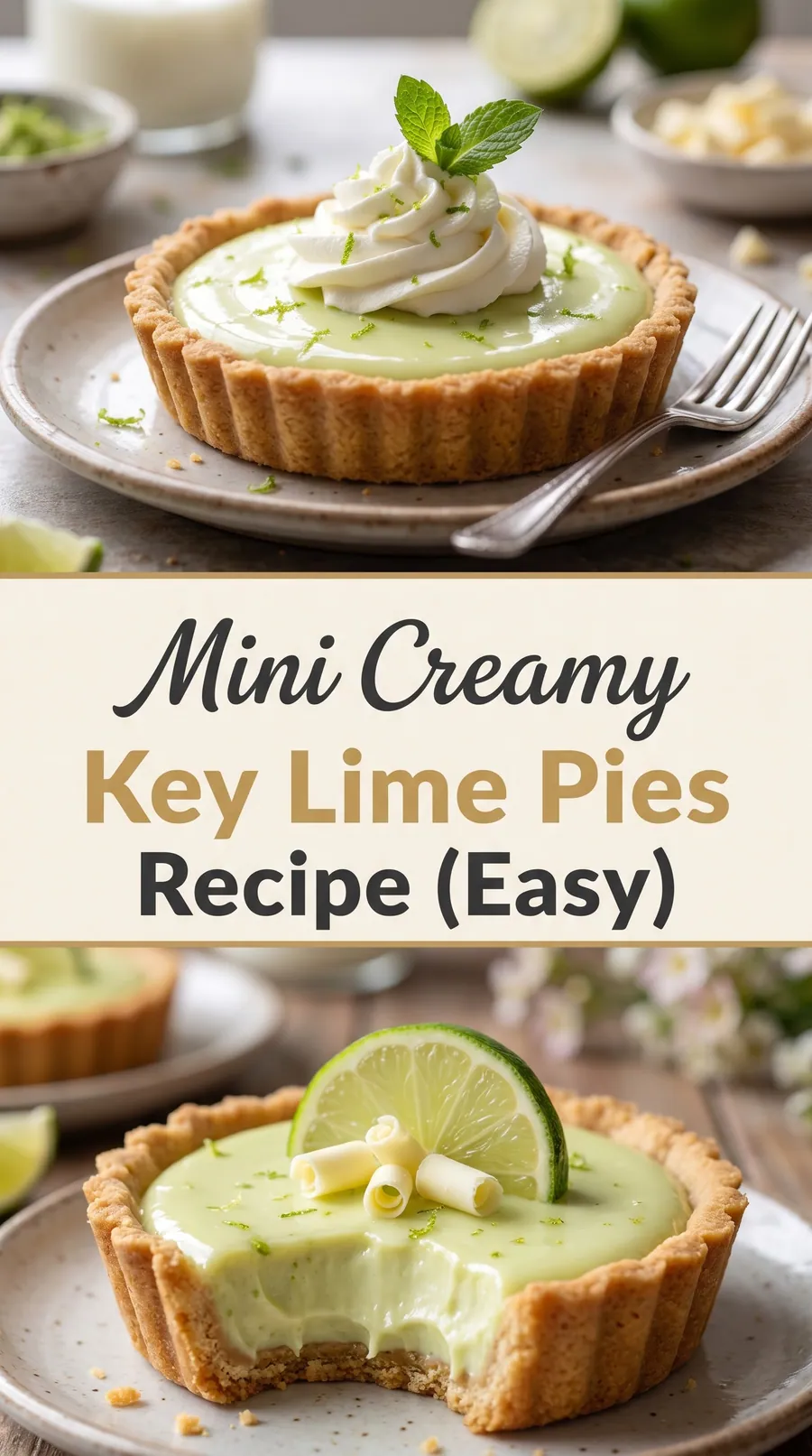 Pinterest image for Mini Creamy Key Lime Pies Recipe (Easy), with two photos of the recipe