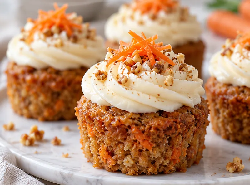 Mini Olive Oil Carrot Cakes with Cream Cheese Frosting, ready to serve