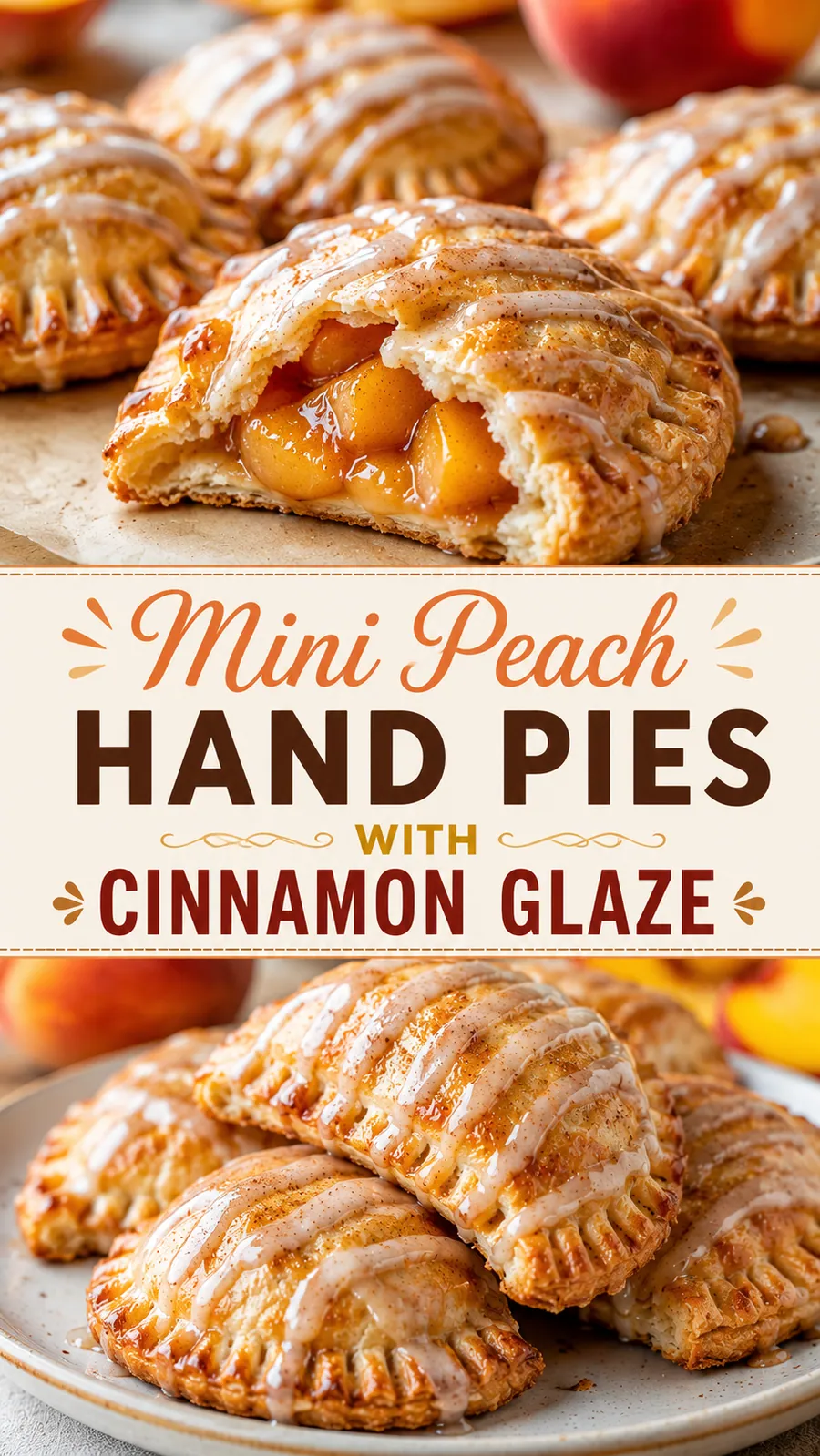 Pinterest image for Mini Peach Hand Pies With Cinnamon Glaze, with two photos of the recipe