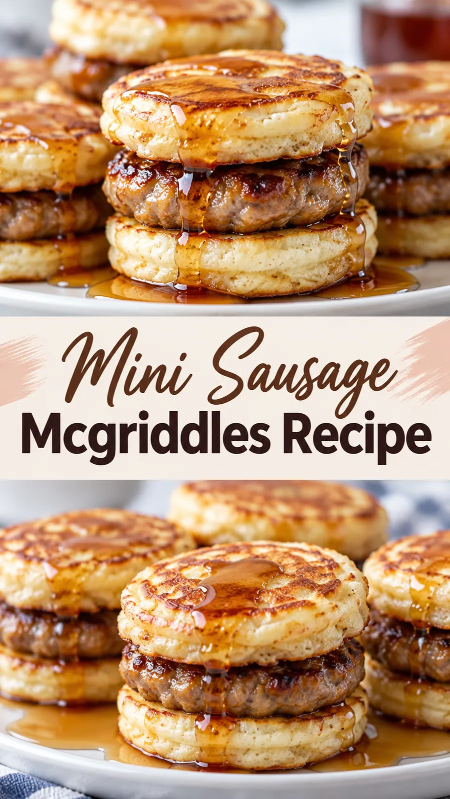 Pinterest image for Mini Sausage Mcgriddles Recipe, with two photos of the recipe
