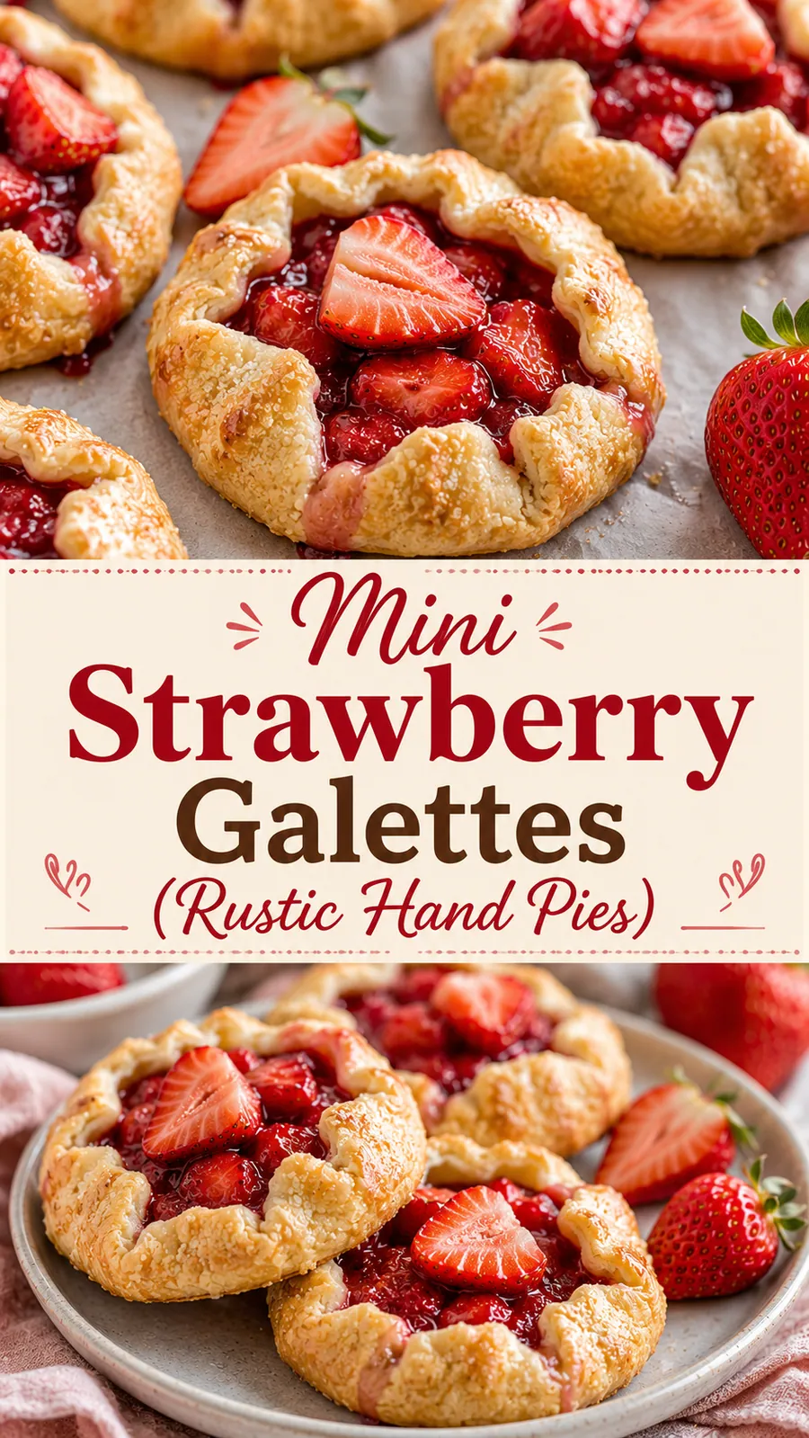 Pinterest image for Mini Strawberry Galettes (Rustic Hand Pies), with two photos of the recipe