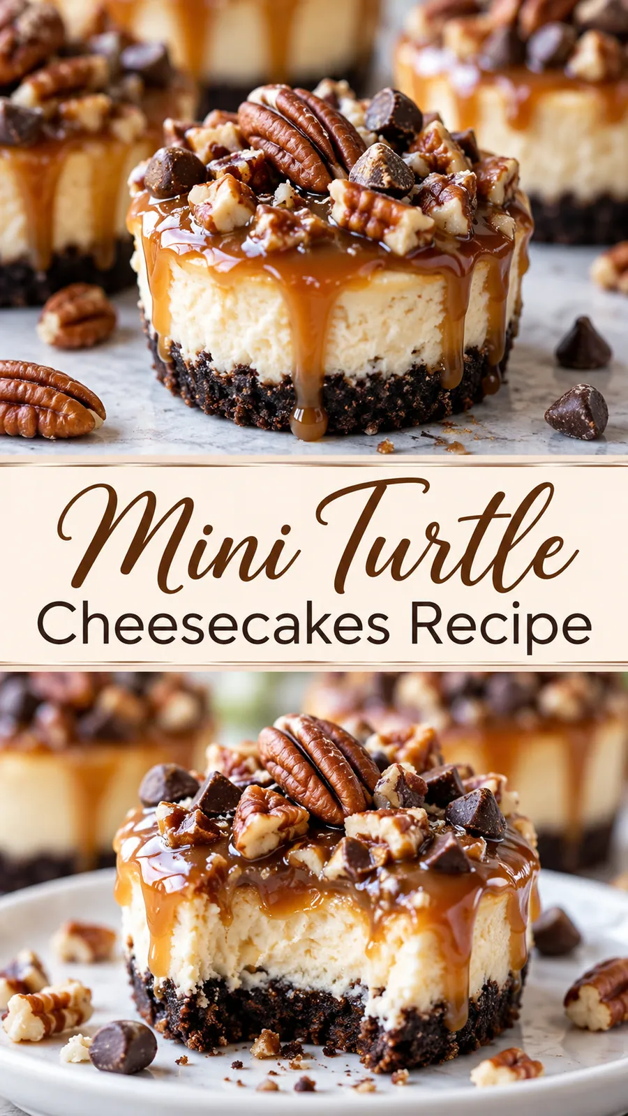 Pinterest image for Mini Turtle Cheesecakes Recipe, with two photos of the recipe