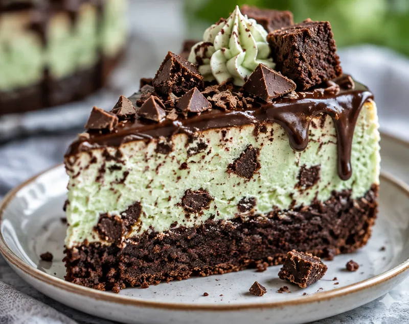 Mint Chocolate Brownie Bliss Cheesecake, ready to serve