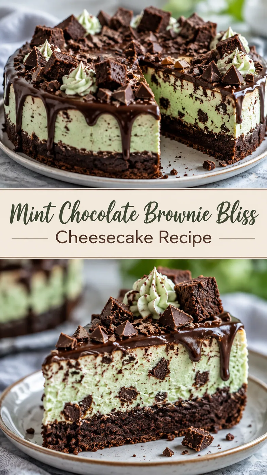 Pinterest image for Mint Chocolate Brownie Bliss Cheesecake Recipe, with two photos of the recipe