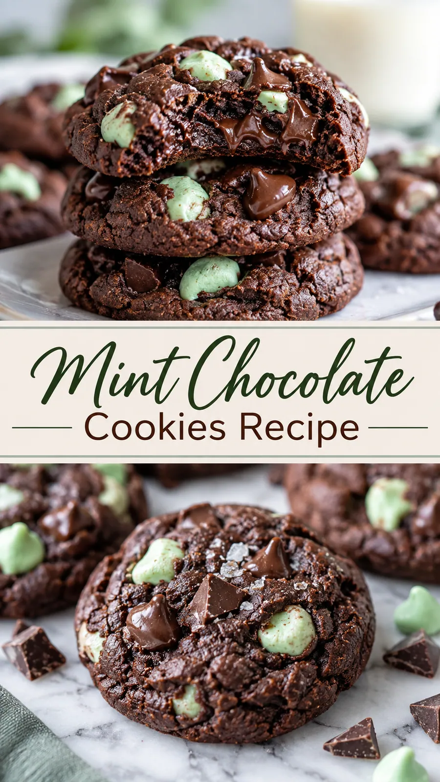 Pinterest image for Mint Chocolate Cookies Recipe, with two photos of the recipe