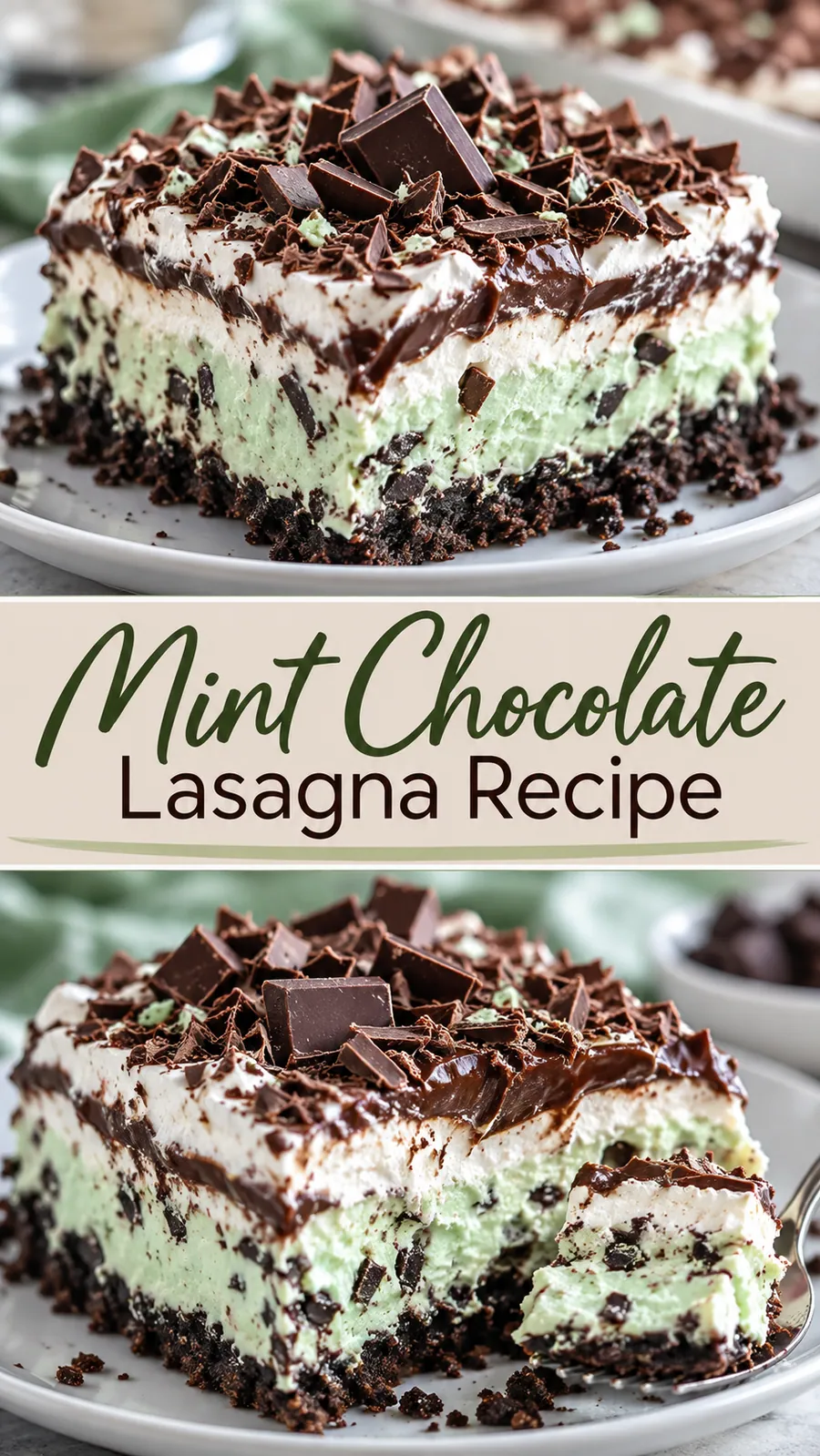 Pinterest image for Mint Chocolate Lasagna Recipe, with two photos of the recipe