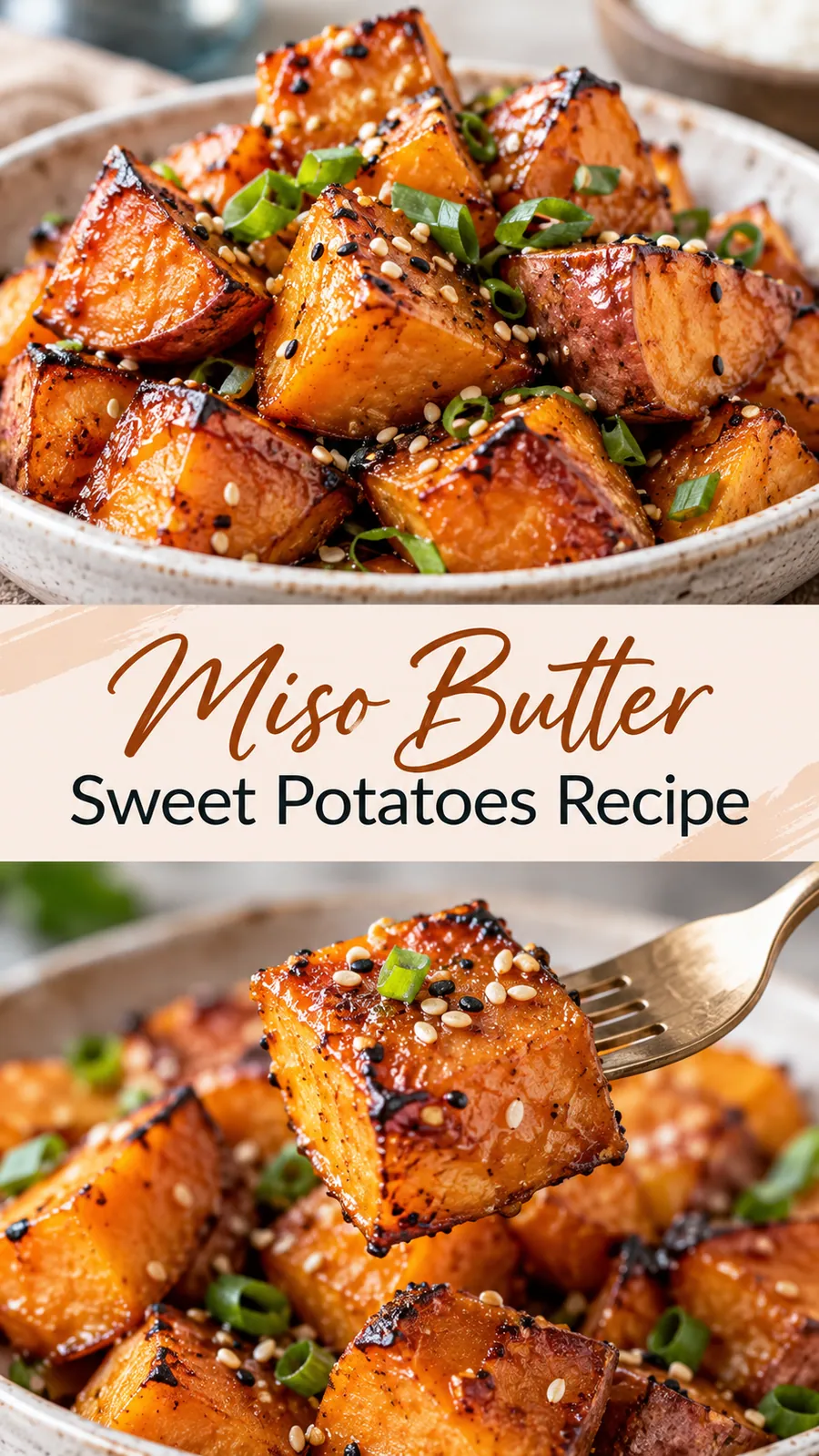Pinterest image for Miso Butter Sweet Potatoes Recipe, with two photos of the recipe