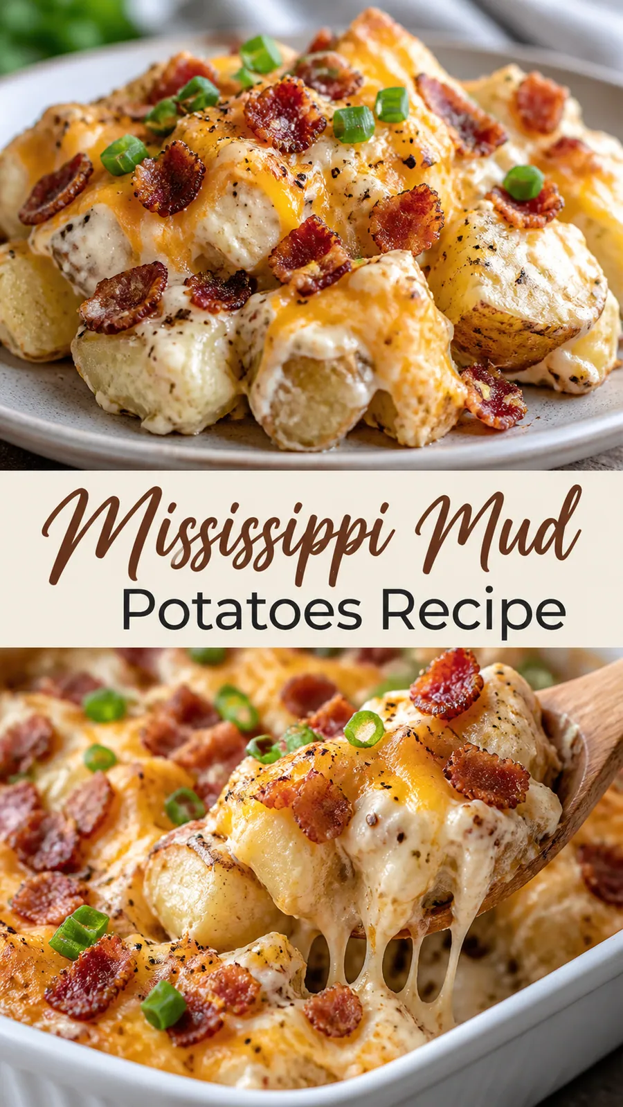 Pinterest image for Mississippi Mud Potatoes Recipe, with two photos of the recipe