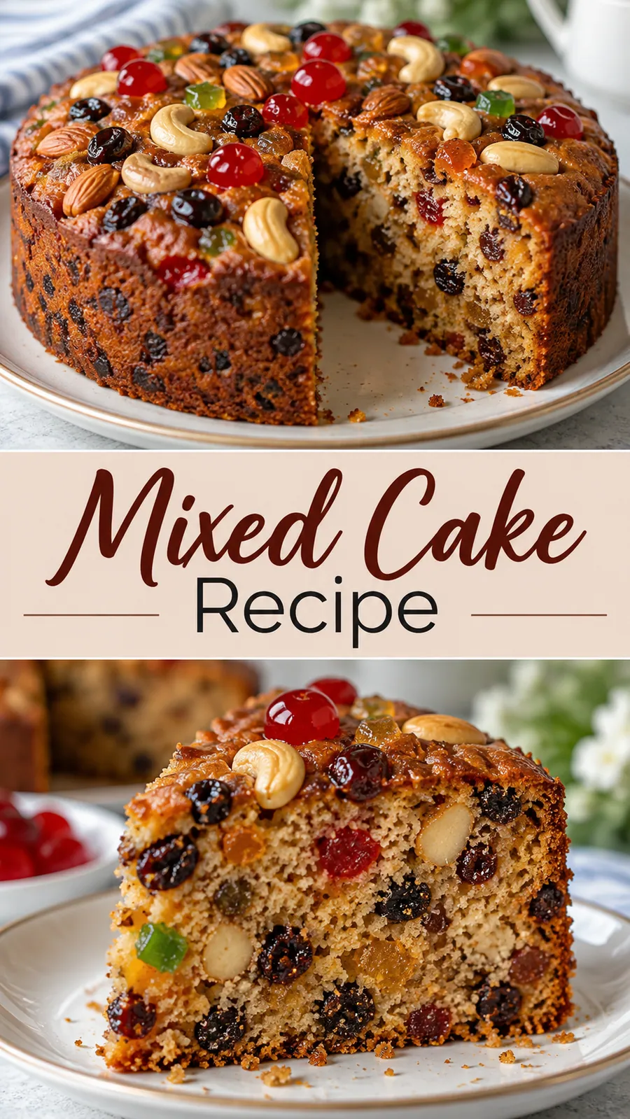 Pinterest image for Mixed Cake Recipe, with two photos of the recipe