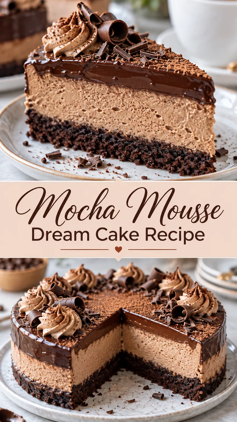 Pinterest image for Mocha Mousse Dream Cake Recipe, with two photos of the recipe