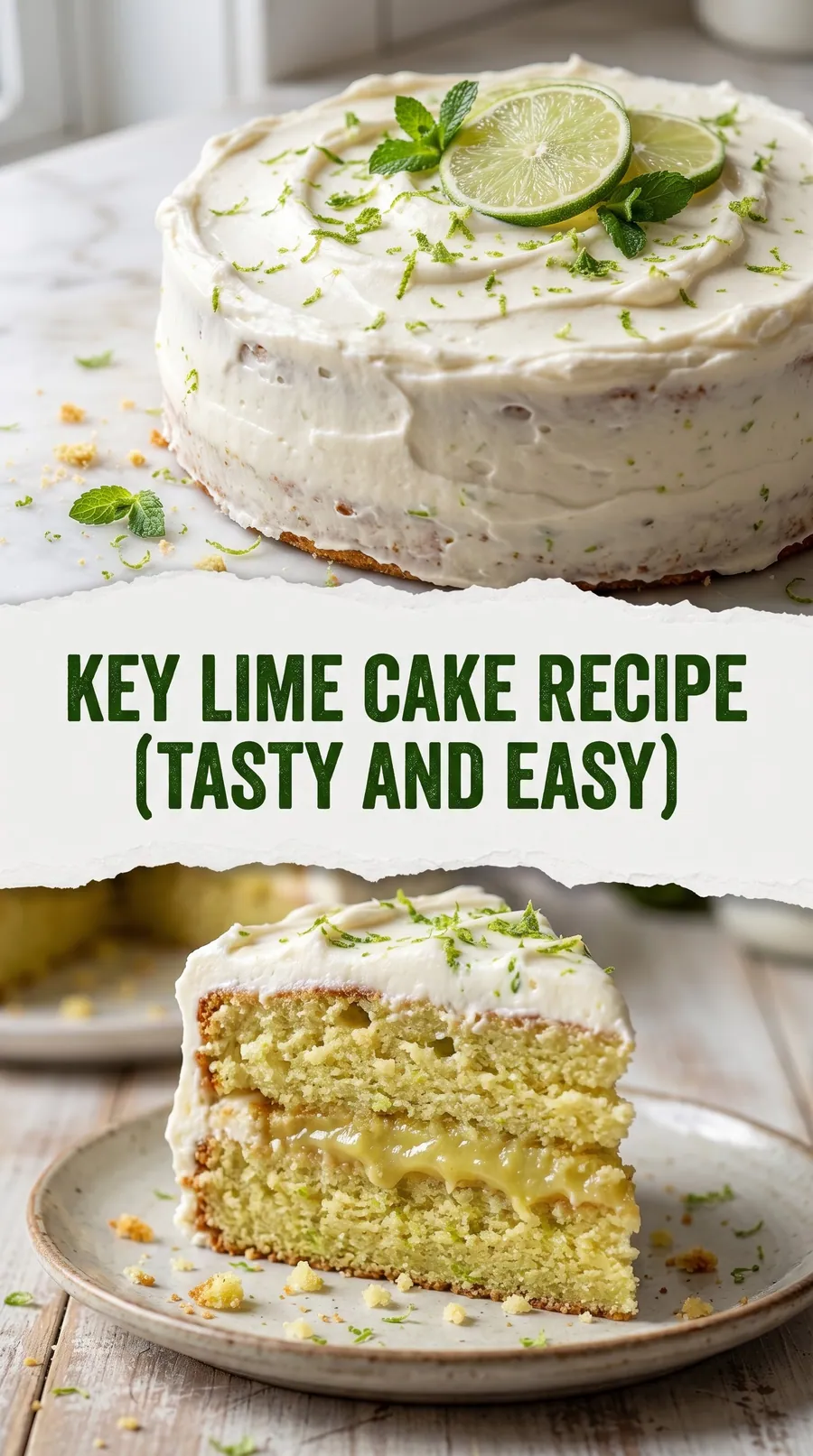 Pinterest image for Moist and Fluffy Key Lime Cake Recipe (Quick and Easy), with two photos of the recipe