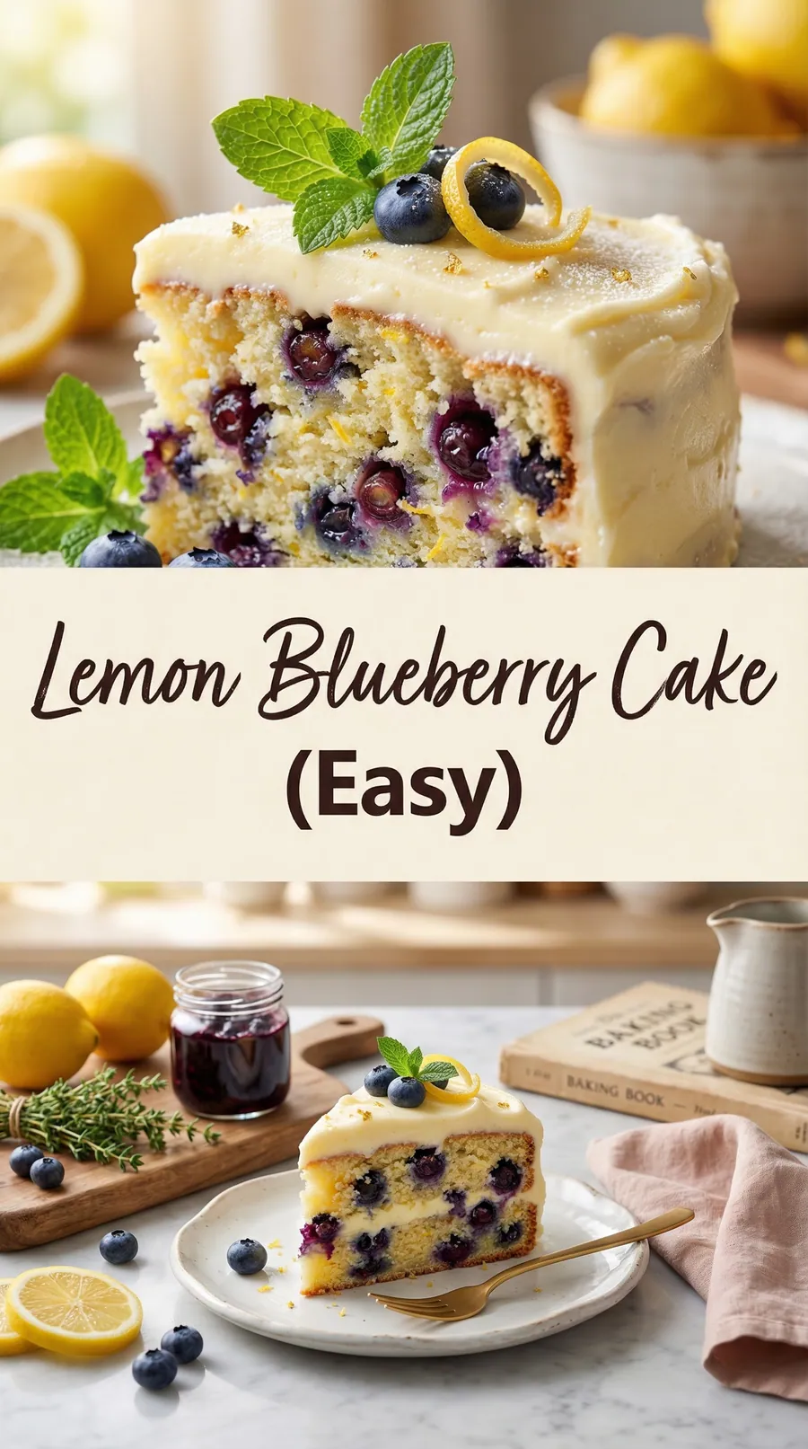 Pinterest image for Moist and Soft Lemon Blueberry Cake Full Recipe, with two photos of the recipe