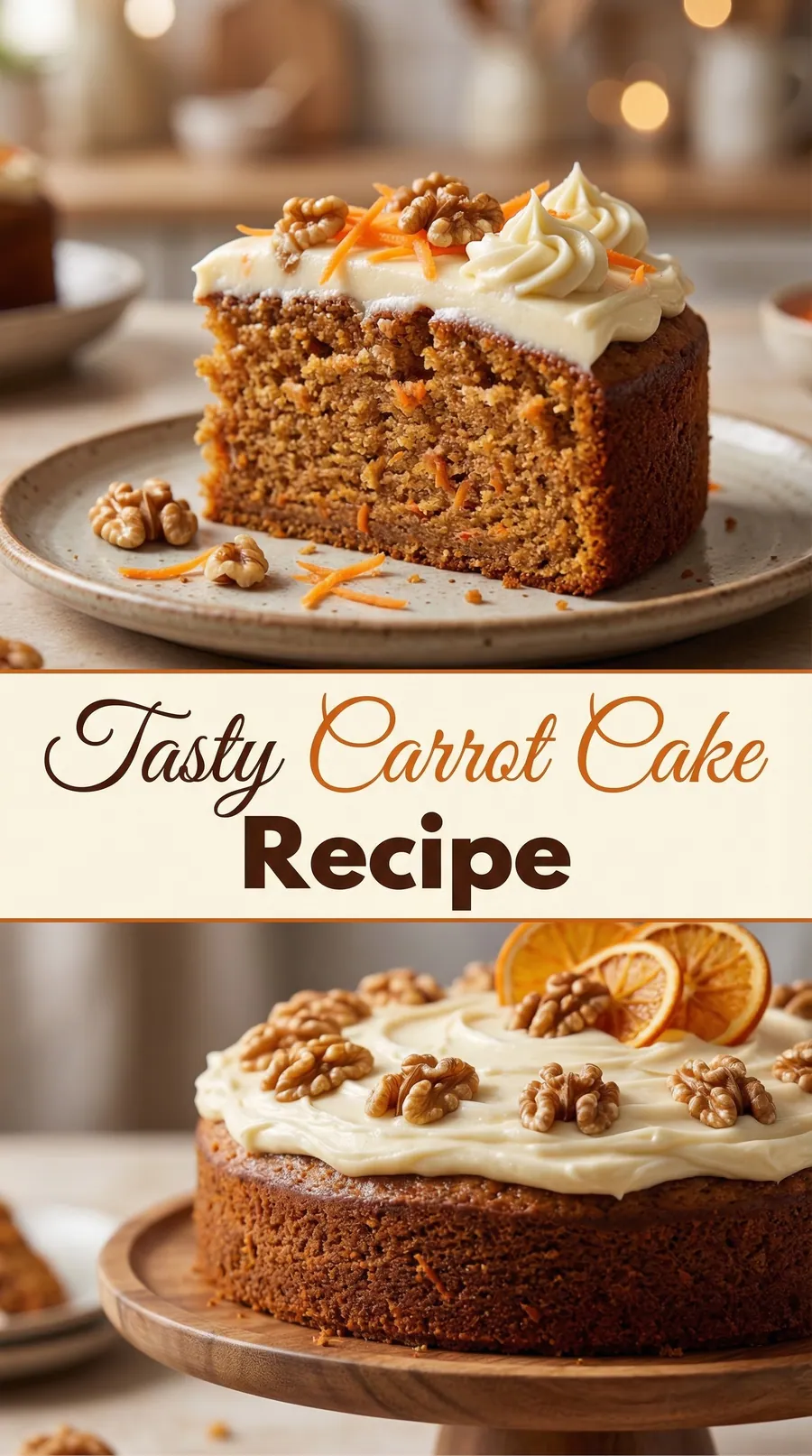 Pinterest image for Moist Classic Carrot Cake Full Recipe, with two photos of the recipe
