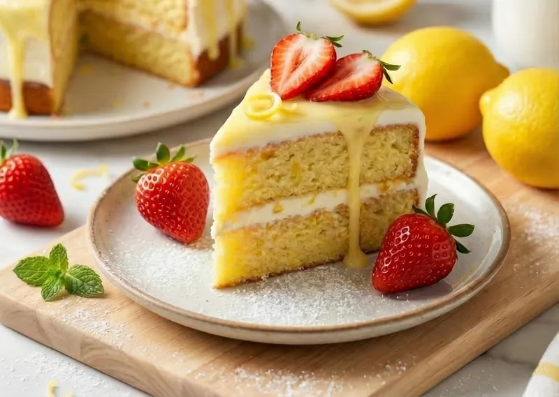 Moist Fluffy Lemon Strawberry Cake, ready to serve