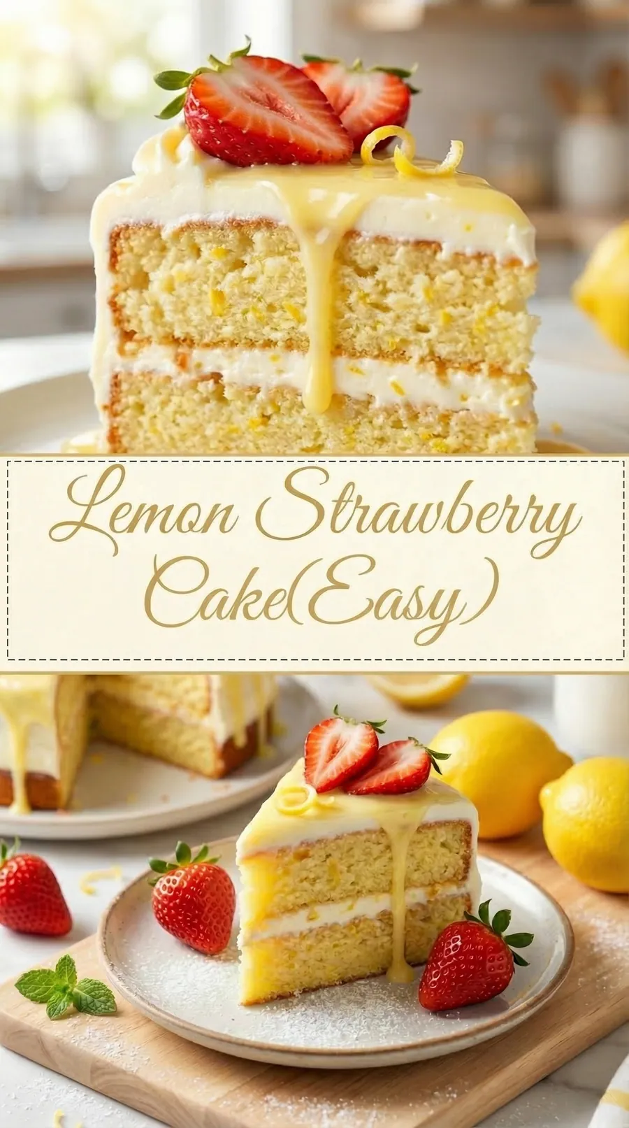 Pinterest image for Moist Fluffy Lemon Strawberry Cake Recipe, with two photos of the recipe