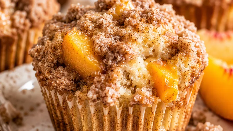 Moist Peach Muffins with Cinnamon Streusel