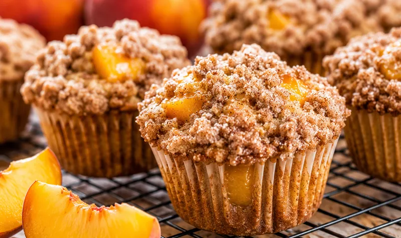 Moist Peach Muffins with Cinnamon Streusel, ready to serve