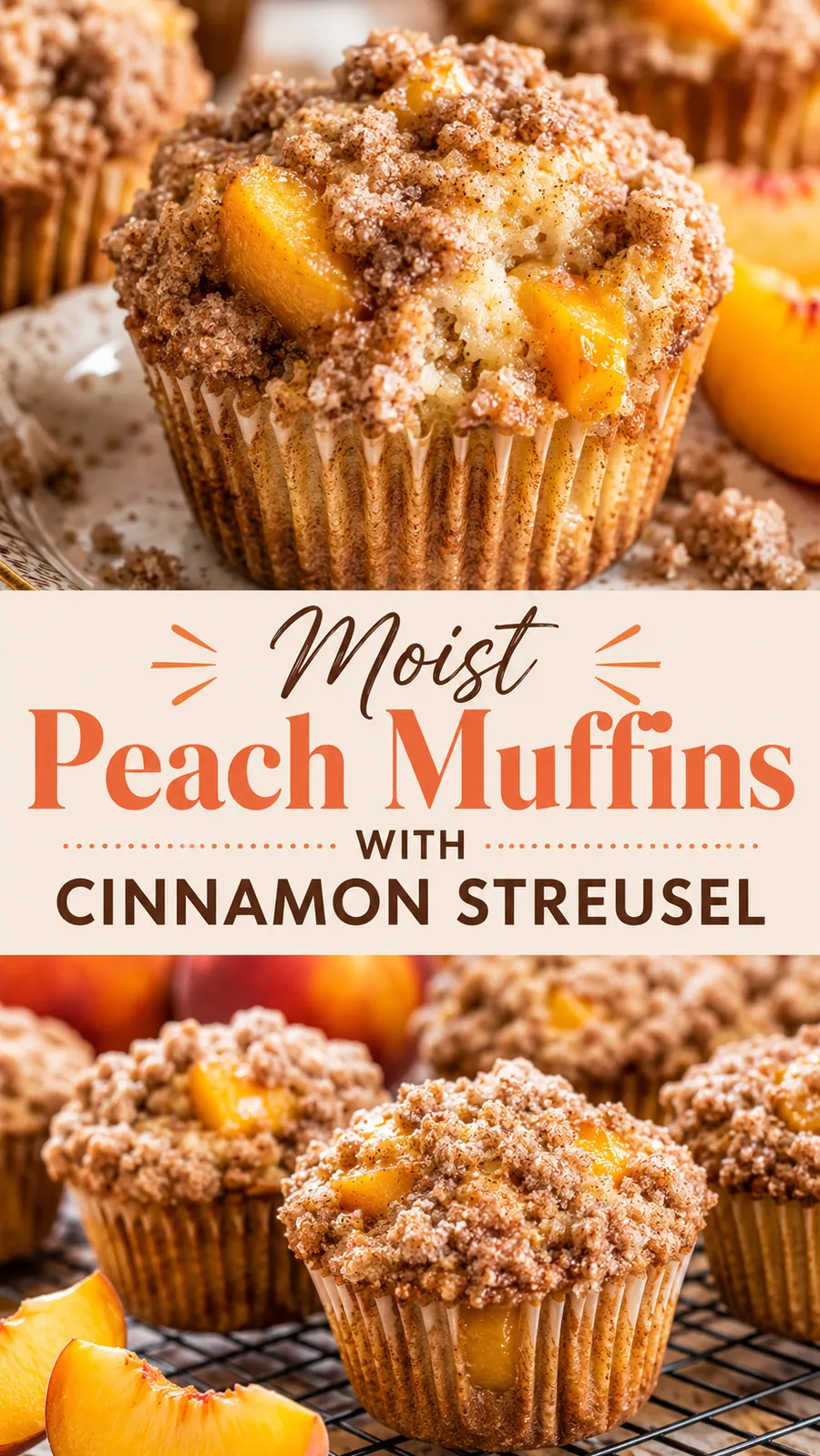 Pinterest image for Moist Peach Muffins With Cinnamon Streusel, with two photos of the recipe