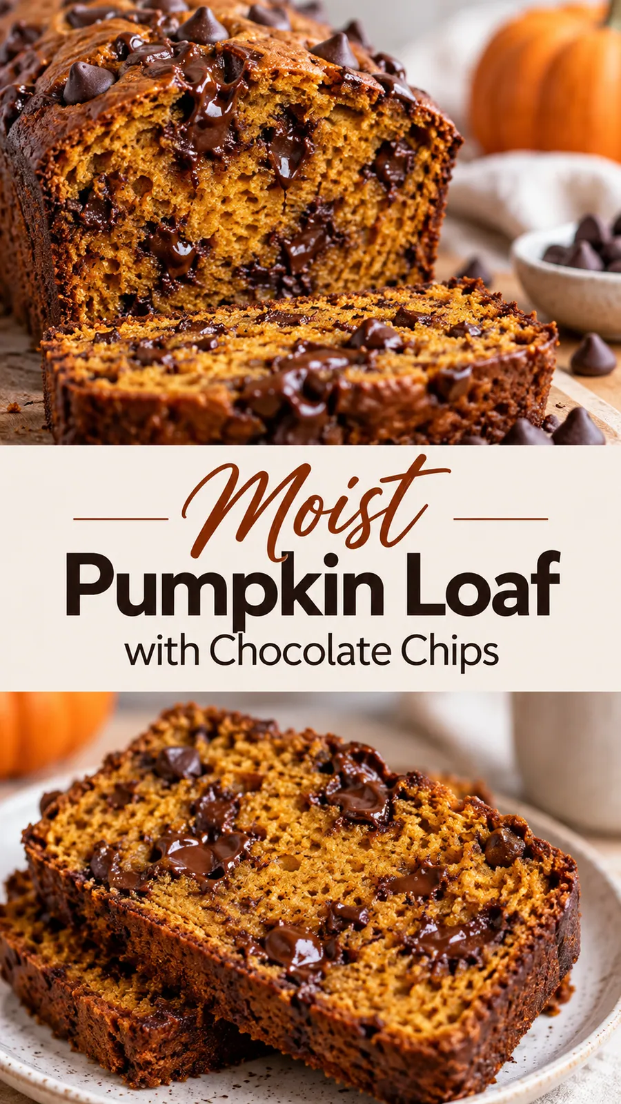 Pinterest image for Moist Pumpkin Loaf with Chocolate Chips, with two photos of the recipe