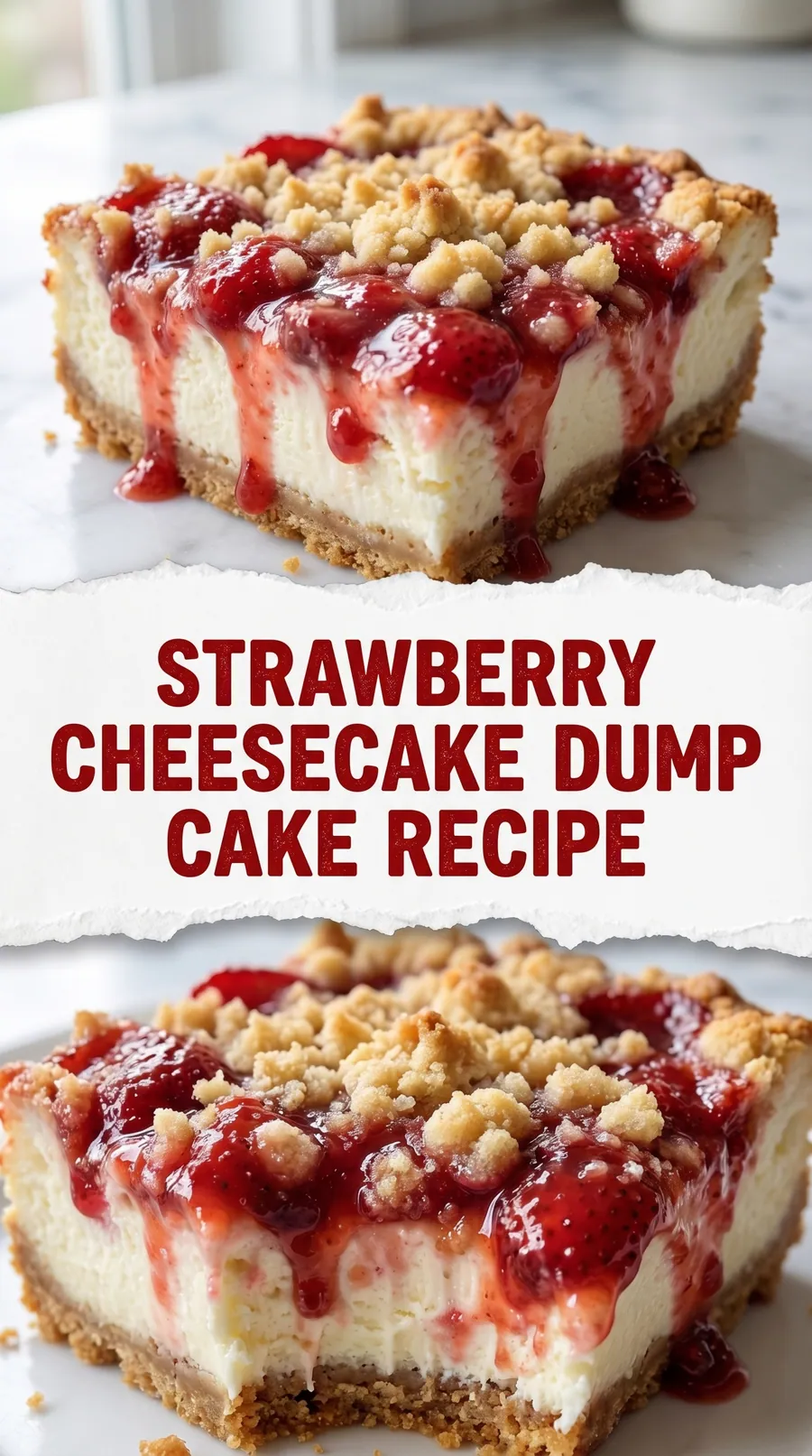 Pinterest image for Moist Strawberry Cheesecake Dump Cake Full Recipe, with two photos of the recipe