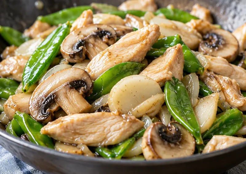Moo Goo Gai Pan Chinese Chicken and Mushroom Stir Fry, ready to serve