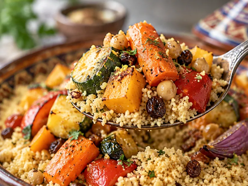 Moroccan Couscous with Roast Vegetables, ready to serve