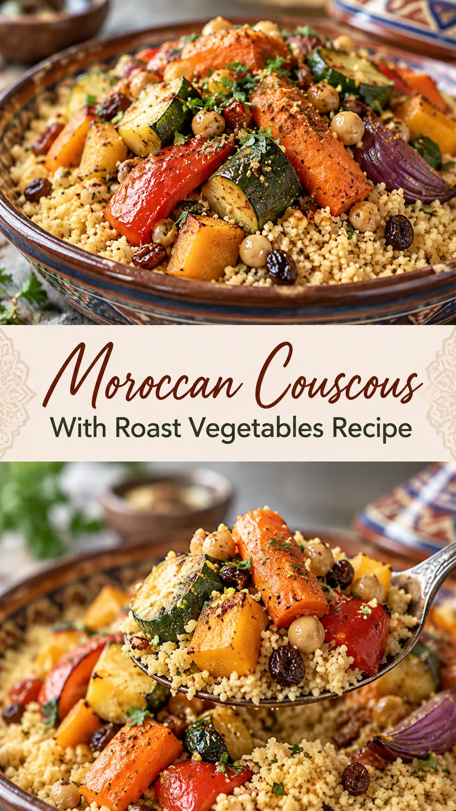 Pinterest image for Moroccan Couscous With Roast Vegetables Recipe, with two photos of the recipe