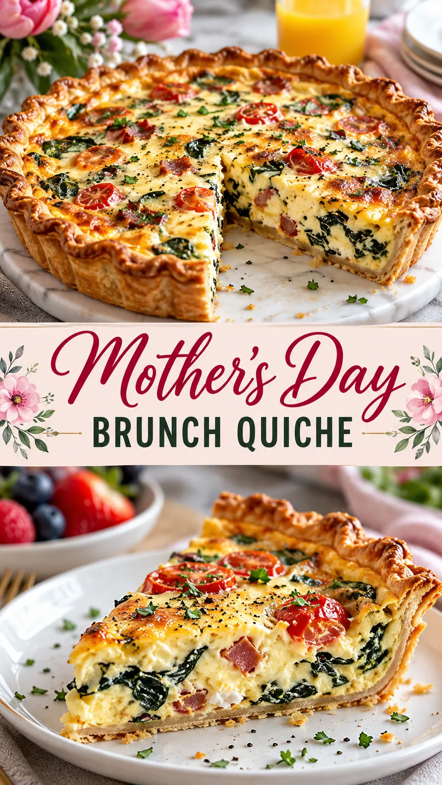 Pinterest image for Mother's Day Brunch Quiche, with two photos of the recipe
