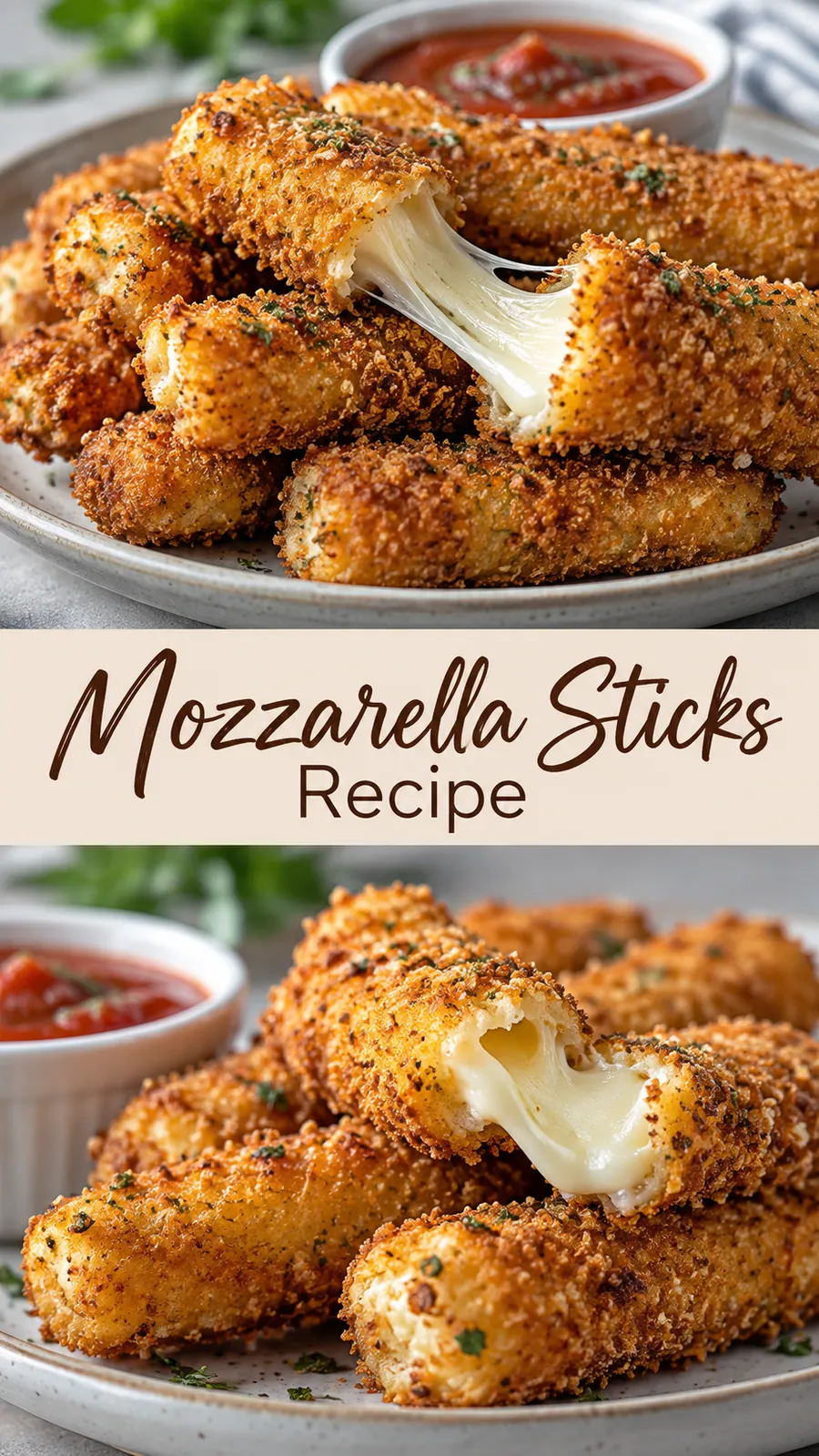 Pinterest image for Mozzarella Sticks Recipe, with two photos of the recipe
