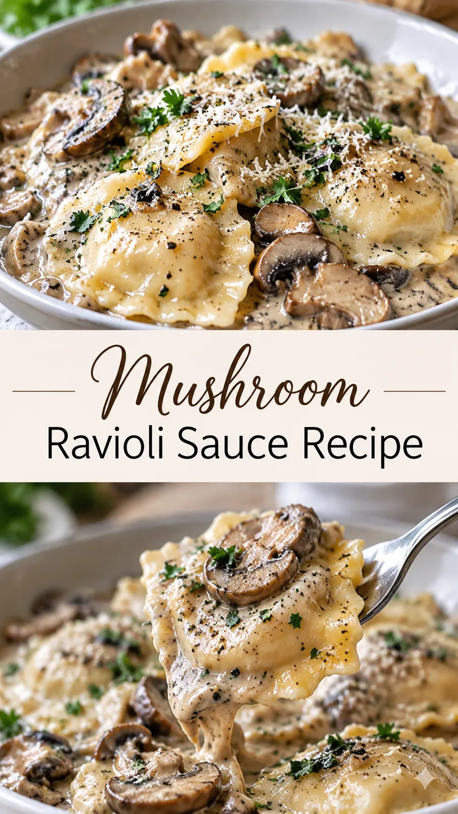 Pinterest image for Mushroom Ravioli Sauce Recipe, with two photos of the recipe