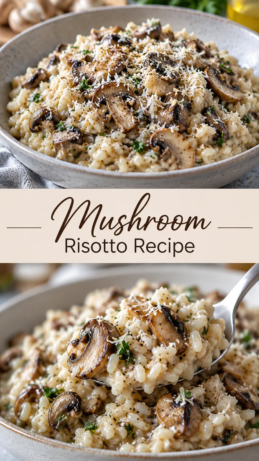 Pinterest image for Mushroom Risotto Recipe, with two photos of the recipe