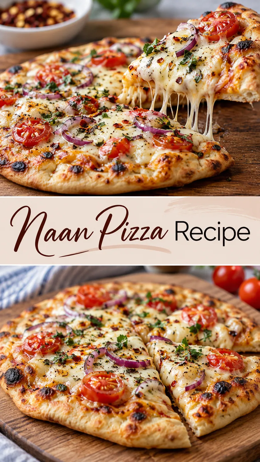Pinterest image for Naan Pizza Recipe, with two photos of the recipe