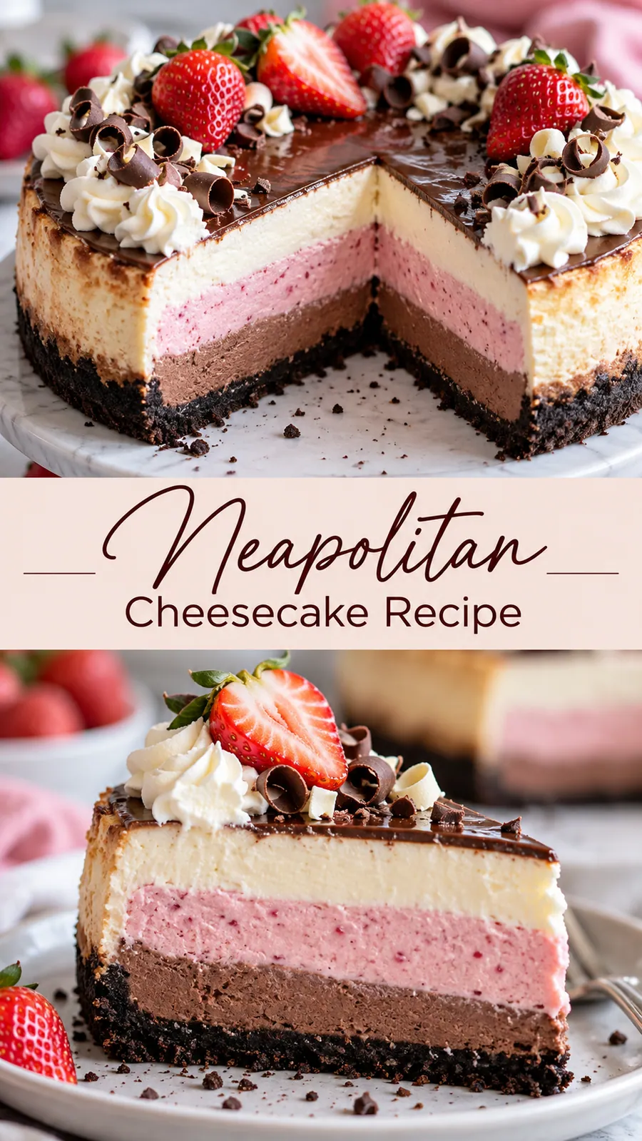 Pinterest image for Neapolitan Cheesecake Recipe, with two photos of the recipe