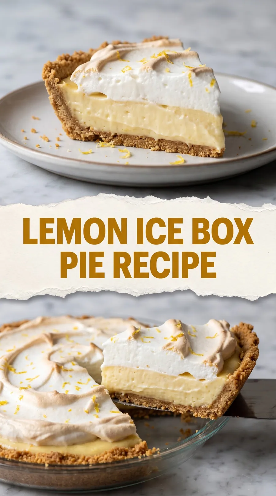 Pinterest image for No Bake Lemon Icebox Pie (Silky and Tangy), with two photos of the recipe