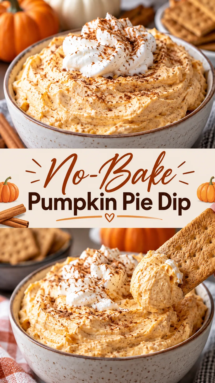 Pinterest image for No-Bake Pumpkin Pie Dip, with two photos of the recipe
