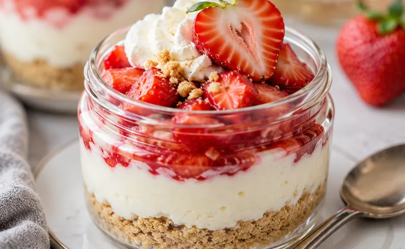 No-Bake Strawberry Cheesecake Jars, ready to serve