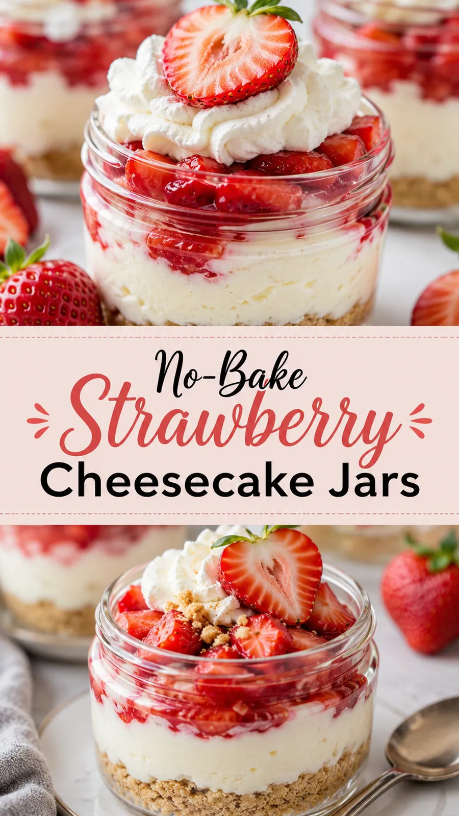 Pinterest image for No-Bake Strawberry Cheesecake Jars, with two photos of the recipe