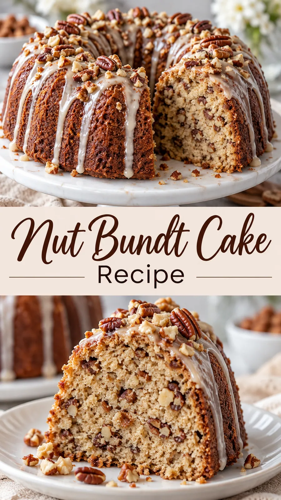 Pinterest image for Nut Bundt Cake Recipe, with two photos of the recipe