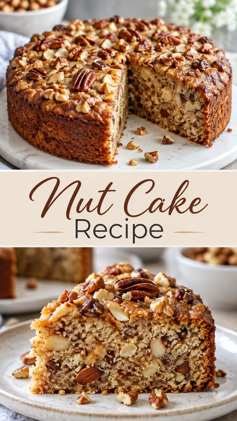Pinterest image for Nut Cake Recipe, with two photos of the recipe