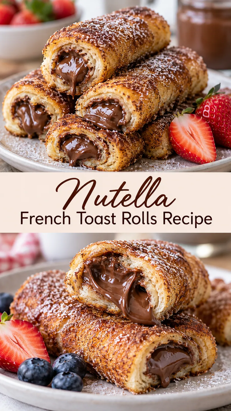 Pinterest image for Nutella French Toast Rolls Recipe, with two photos of the recipe
