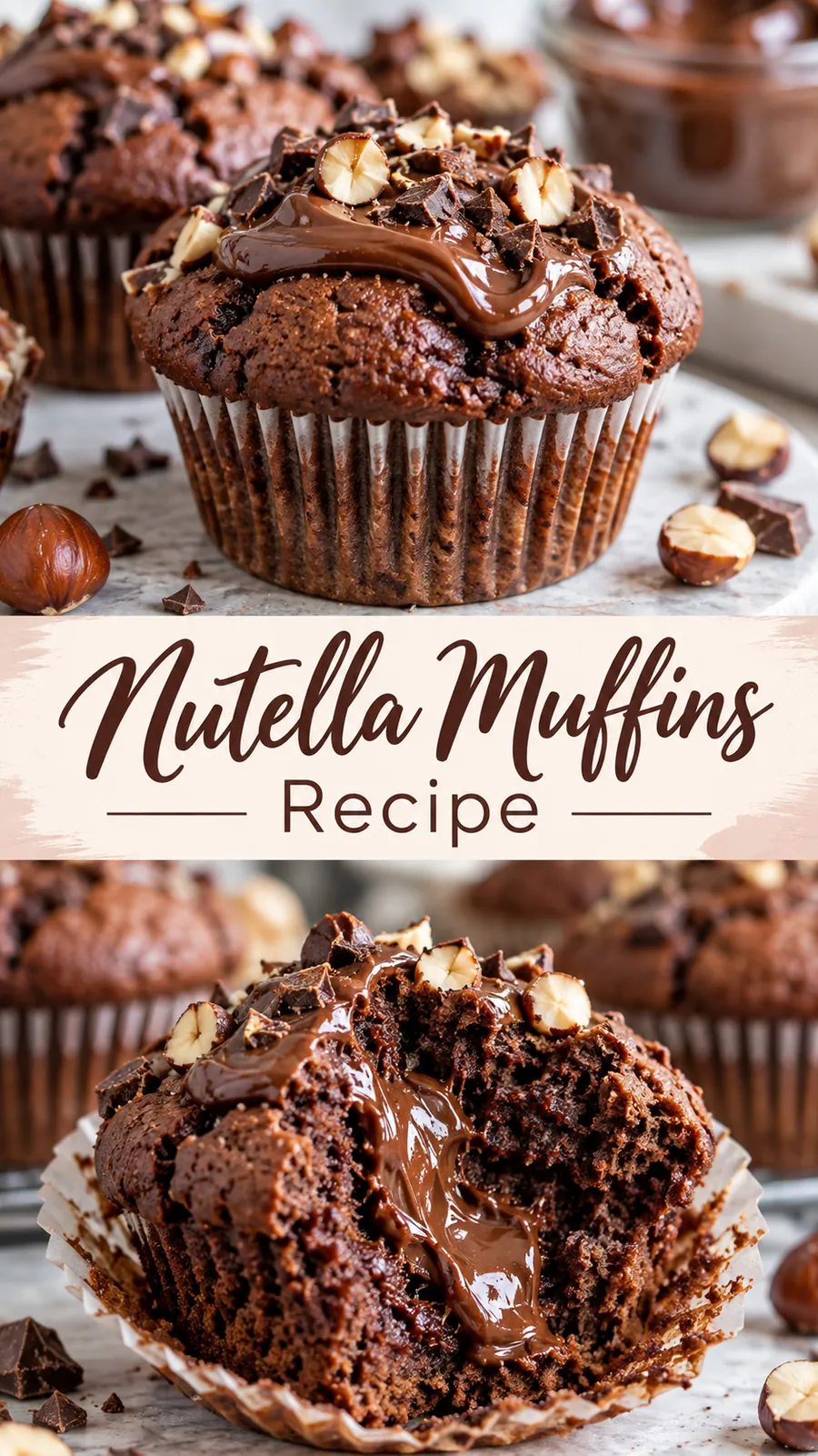 Pinterest image for Nutella Muffins Recipe, with two photos of the recipe