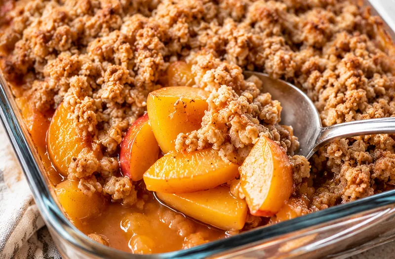Old-Fashioned Peach Crisp with Fresh Peaches, ready to serve