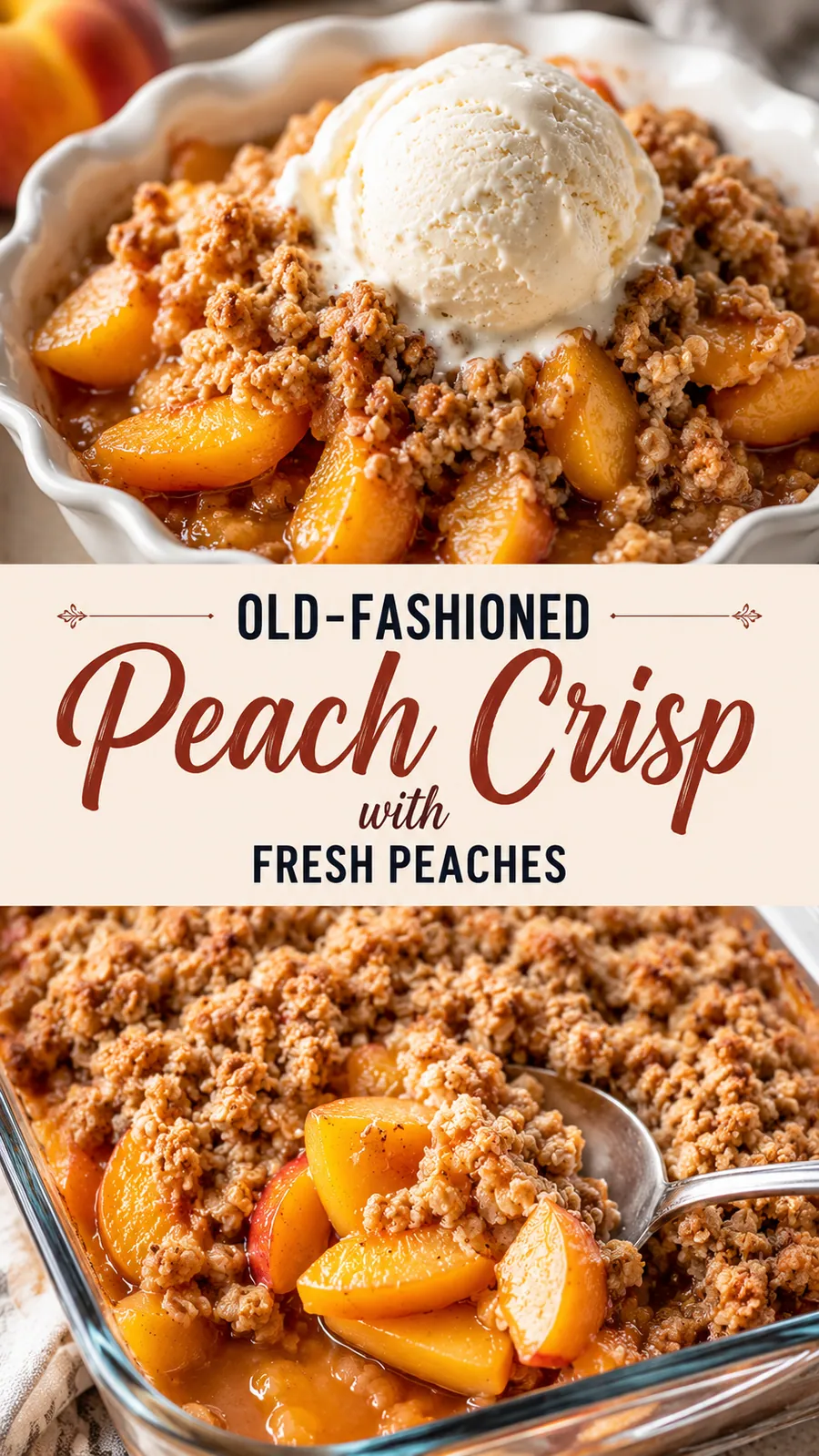 Pinterest image for Old Fashioned Peach Crisp With Fresh Peaches, with two photos of the recipe