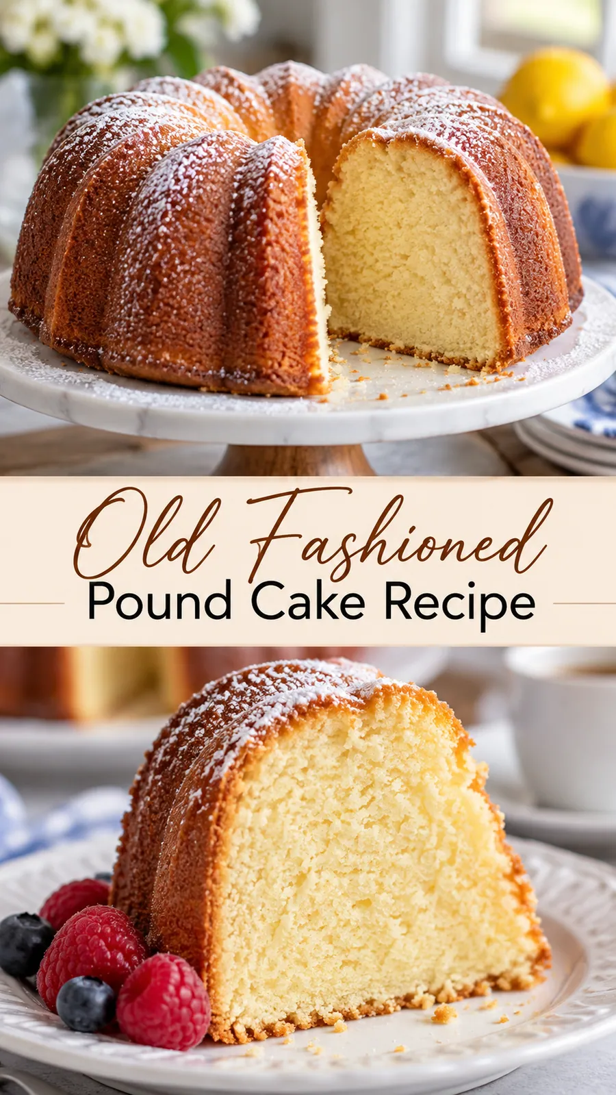 Pinterest image for Old Fashioned Pound Cake Recipe, with two photos of the recipe